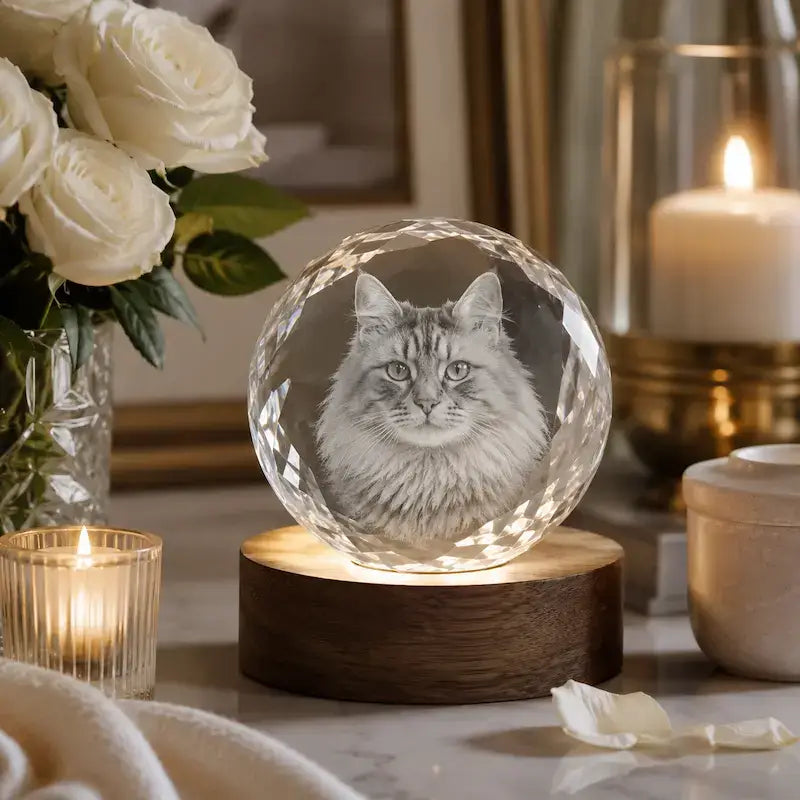 Personalised cat memorial gifts with a custom crystal photo keepsake.