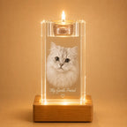 Personalised cat photo crystal candle holder, ideal for pet photo gifts and crystal gifts.