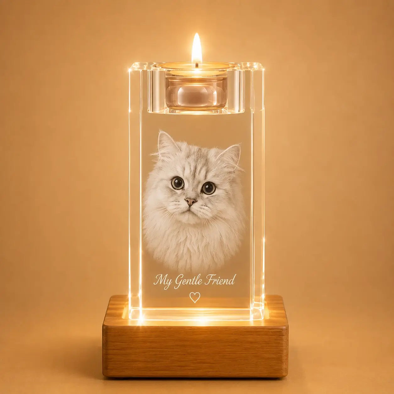 Personalised cat photo crystal candle holder, ideal for pet photo gifts and crystal gifts.