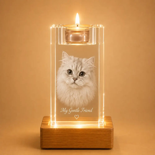 Personalised cat photo crystal candle holder, ideal for pet photo gifts and crystal gifts.