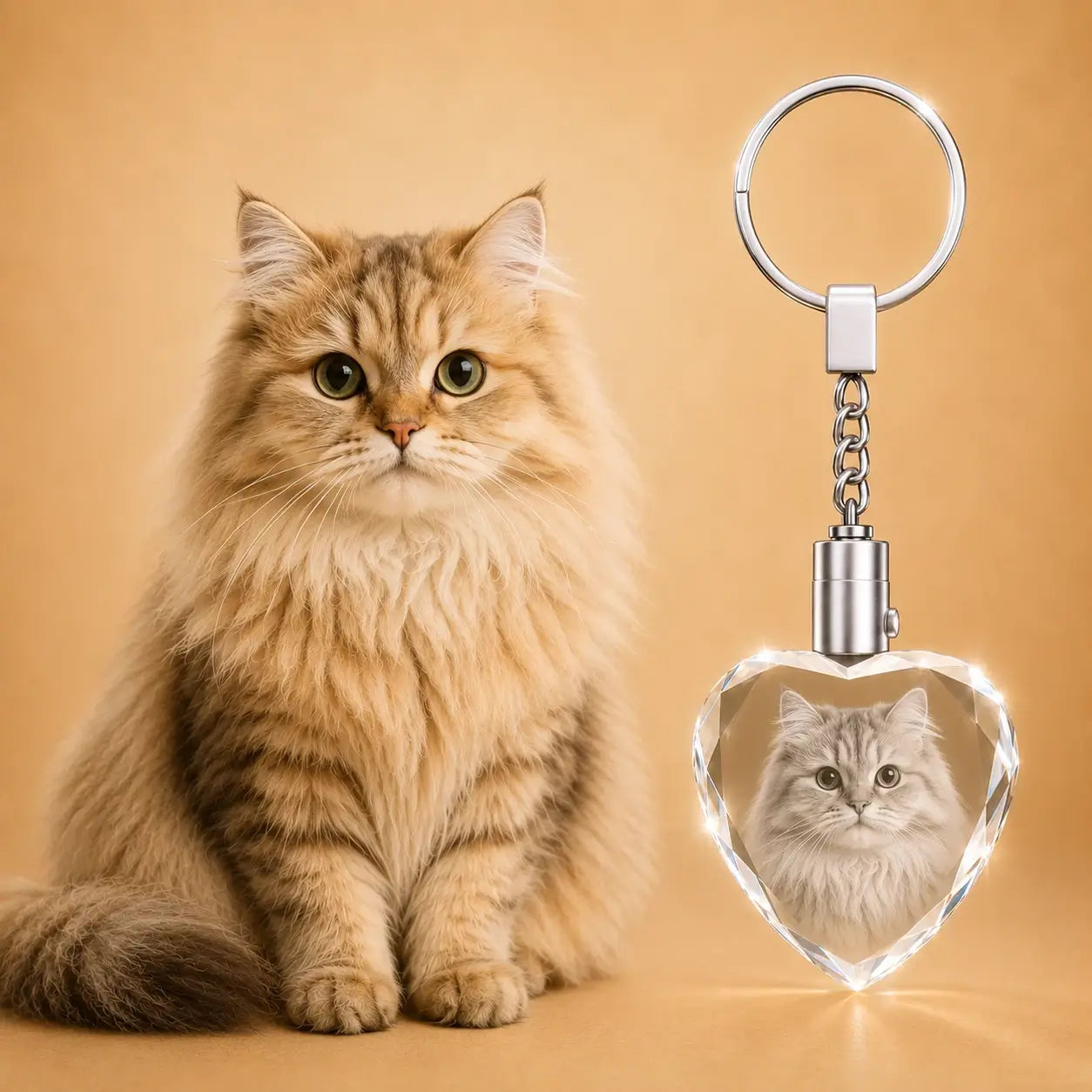 Personalised cat photo crystal keychain, perfect for pet photo gifts and lasting crystal keepsakes.