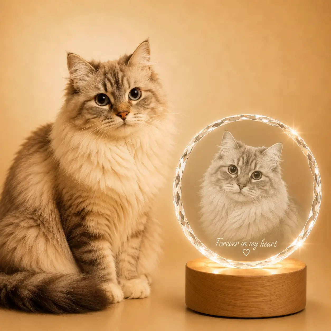 Personalised cat photo faceted round 3D crystal, perfect for pet photo gifts and lasting keepsakes.