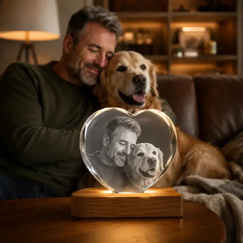Personalised crystal gifts for dog lovers, custom engraved with a favourite dog photo.