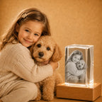 Personalised faceted crystal cube pet keepsake, perfect for pet photo gifts and crystal memories.
