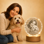 Personalised faceted round 3D crystal pet gift in Australia, ideal for pet photo gifts and crystal gifts.