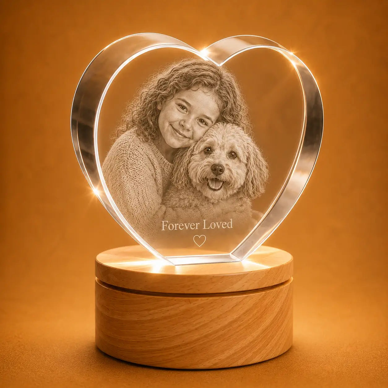 Personalised family and pet 3D crystal heart, perfect for pet photo gifts and crystal gifts.