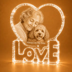 Personalised LOVE crystal heart pet keepsake, ideal for crystal gifts and pet photo memories.
