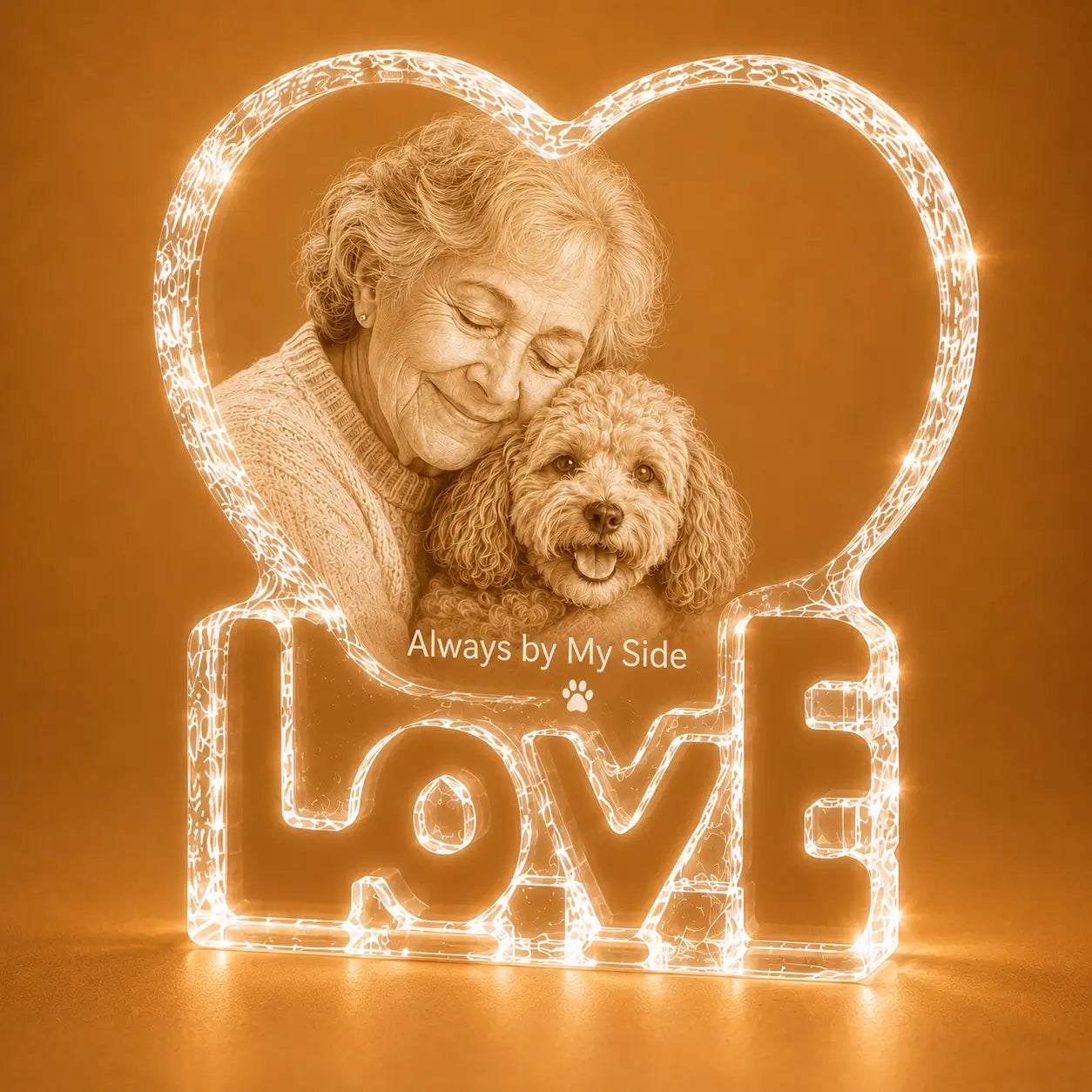Personalised LOVE crystal heart pet keepsake, ideal for crystal gifts and pet photo memories.