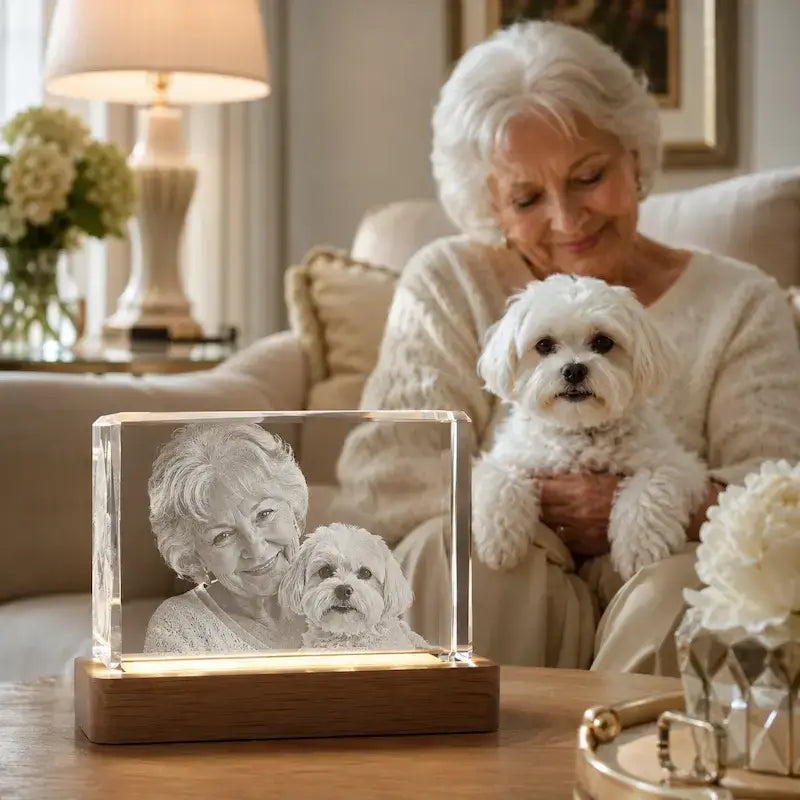 Personalised pet and owner gifts featuring custom 3D crystal photo keepsakes.