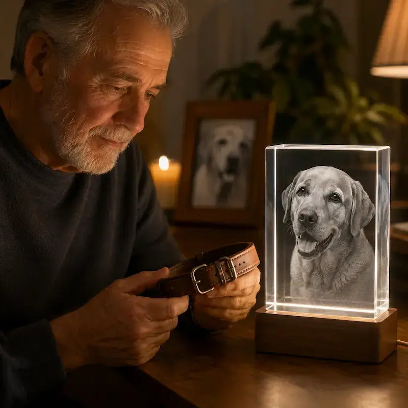 Personalised pet memorial gifts with custom 3D crystal photo engraving.