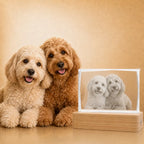 Personalised pet photo 3D crystal in faceted landscape shape, perfect for crystal gifts and pet memories.