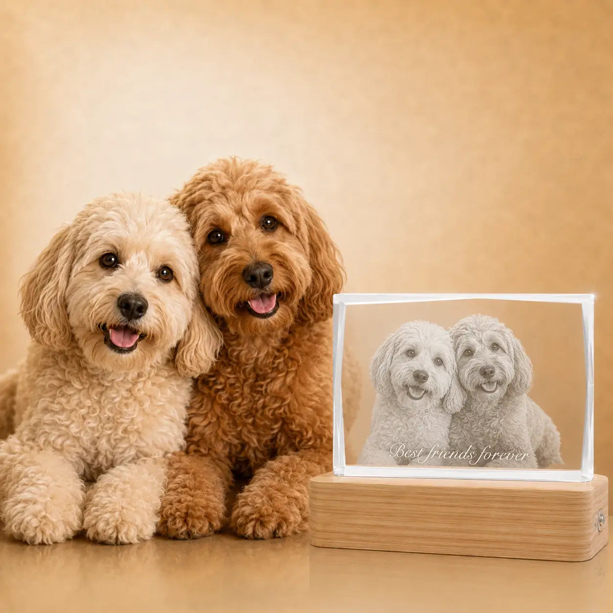 Personalised pet photo 3D crystal in faceted landscape shape, perfect for crystal gifts and pet memories.