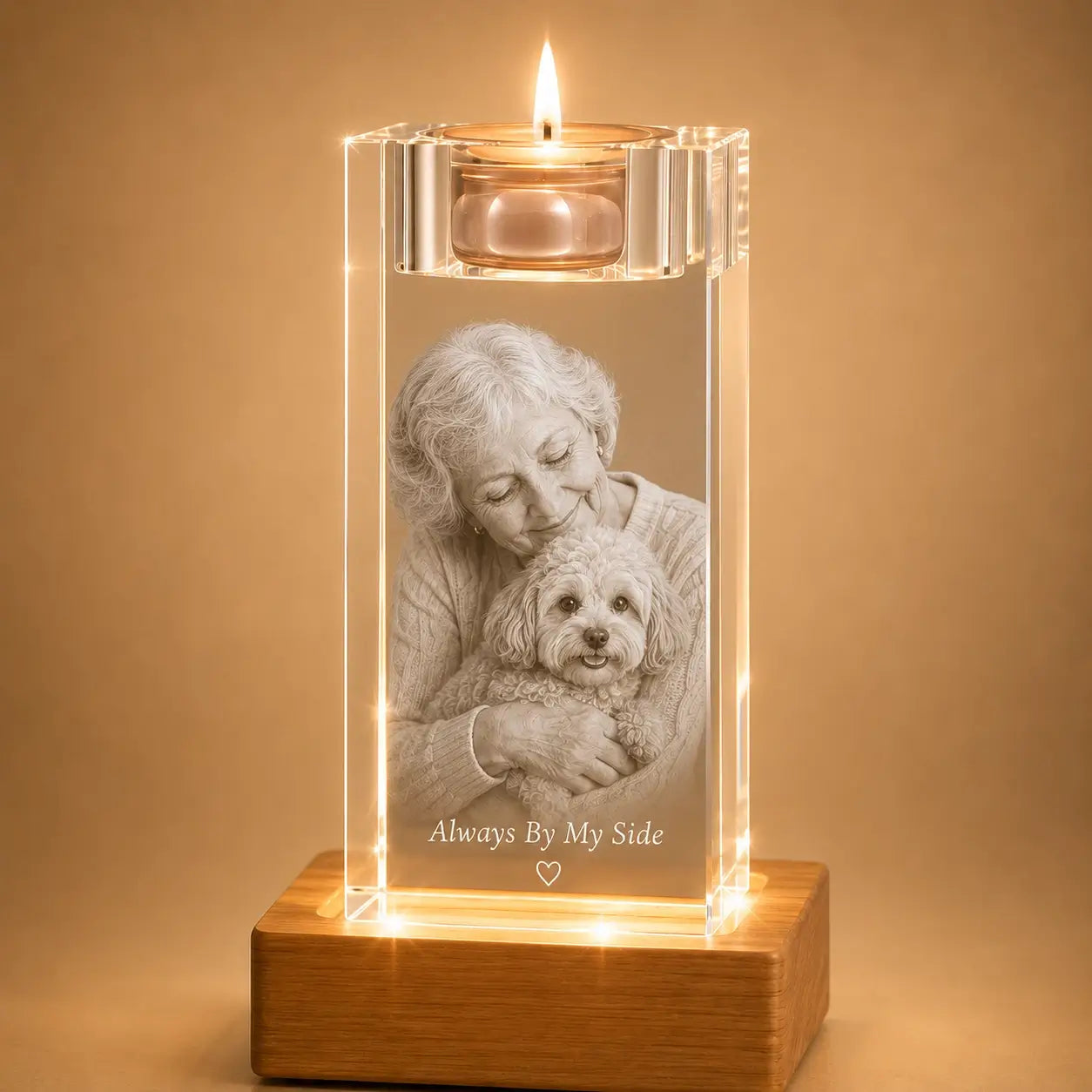 Personalised pet photo gifts in crystal candle holder style, ideal for pet lovers in Australia.
