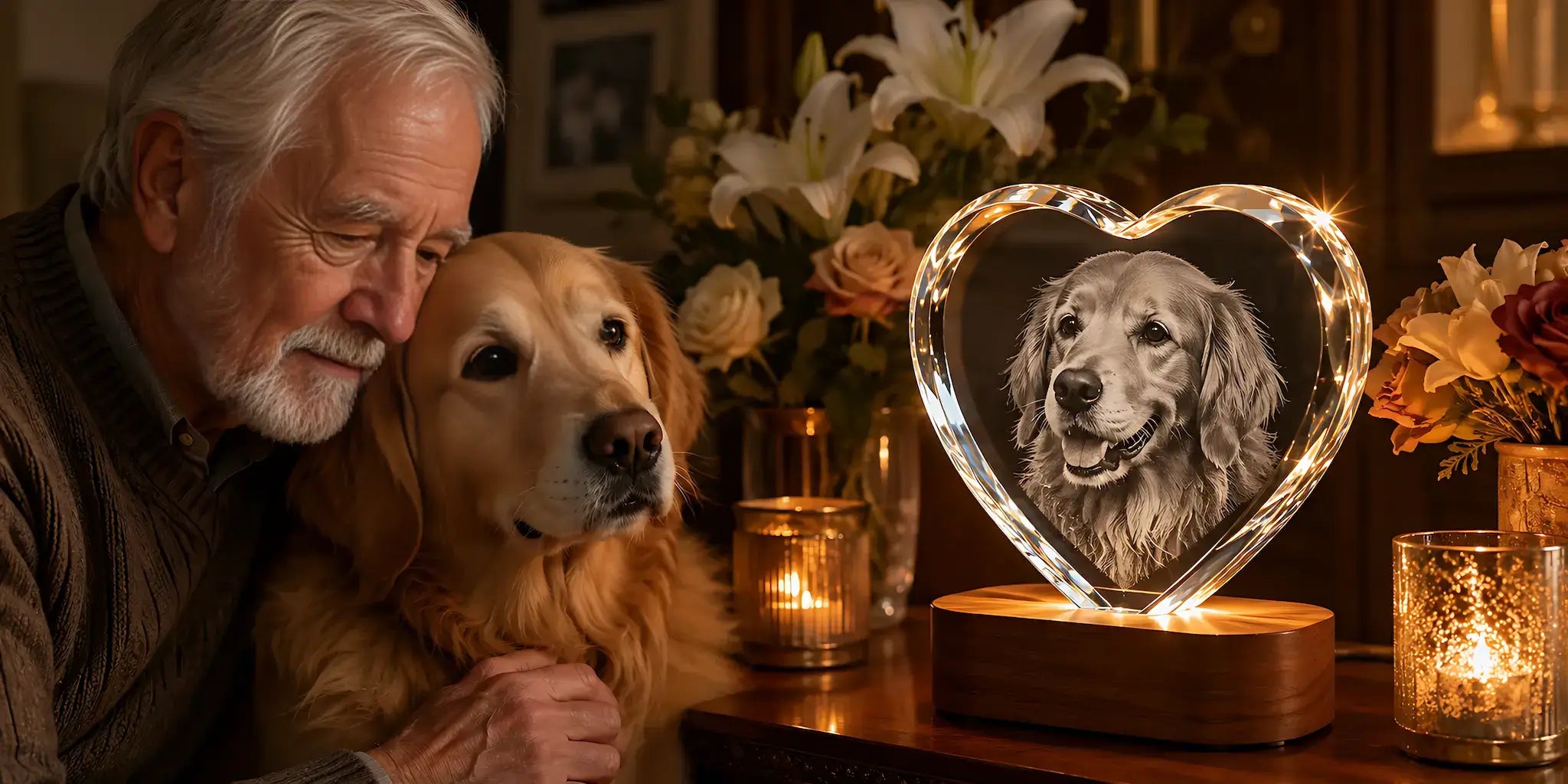 Pet Memorial Gifts banner featuring a personalised 3D crystal pet photo keepsake with a dog and heartfelt memorial scene