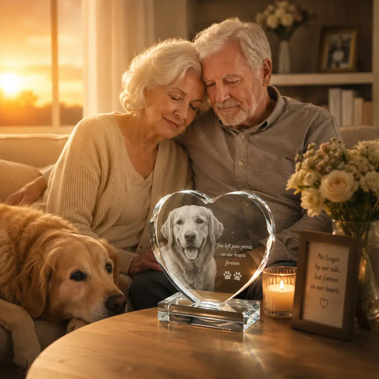 Pet memorial gifts with a heart-shaped 3D crystal pet photo gift, honouring a beloved dog with a lasting crystal keepsake.