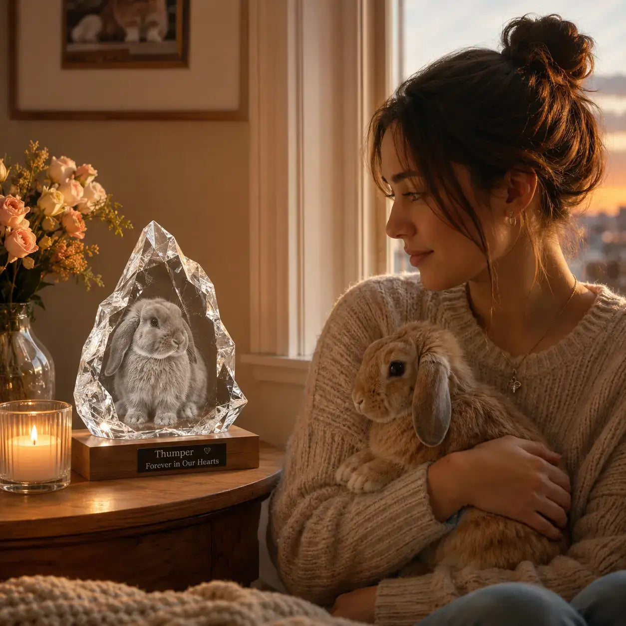 Pet memorial gifts featuring an iceberg-style 3D crystal pet photo gift with a rabbit portrait, made for heartfelt remembrance.