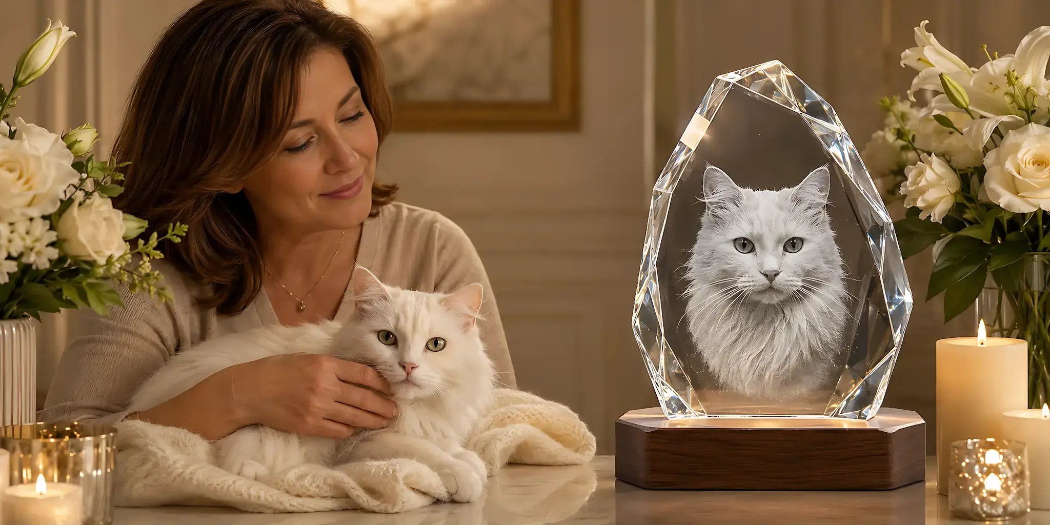 Pet Sympathy Gifts banner featuring a personalised 3D crystal pet memorial gift with flowers, candlelight and a beloved cat