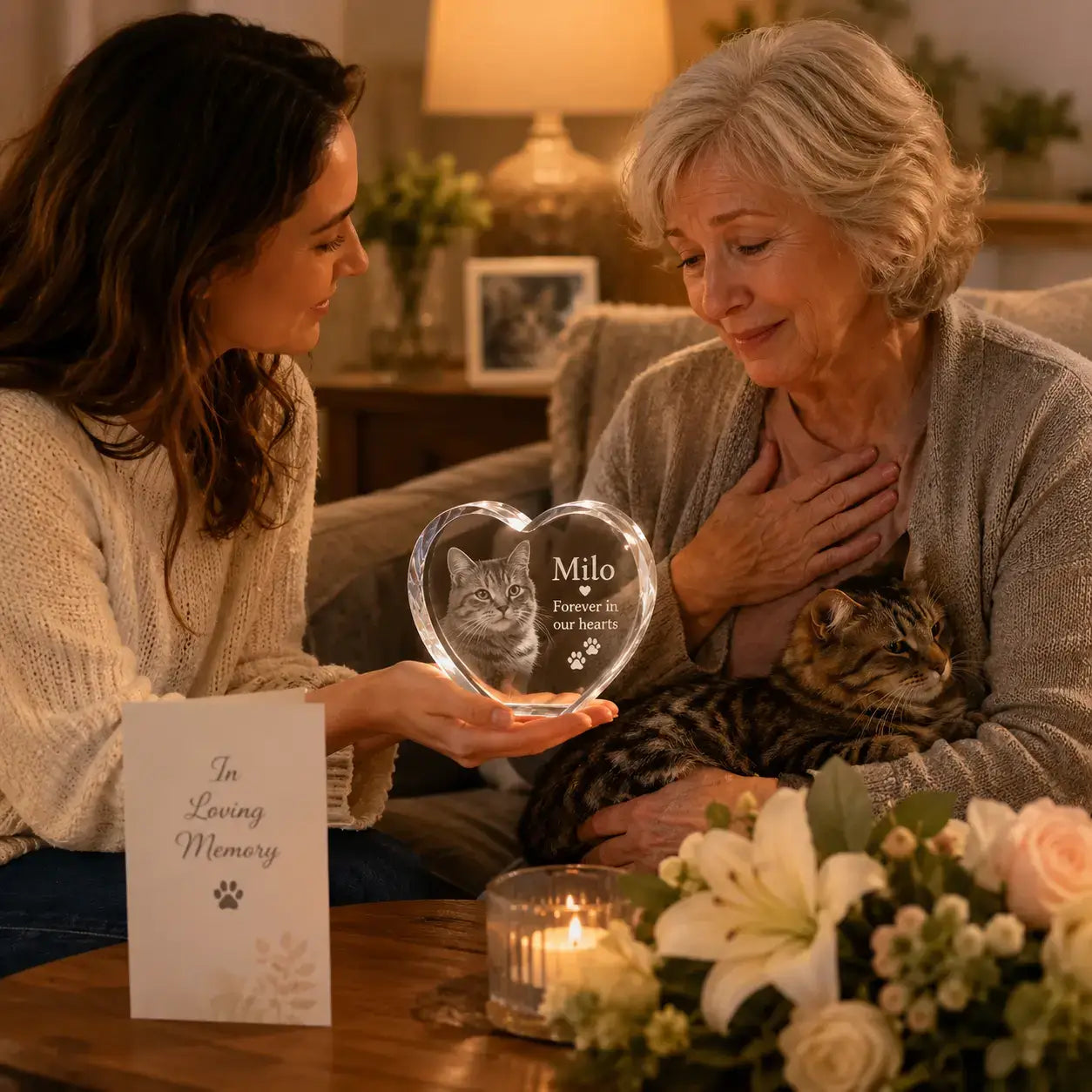 Pet sympathy gifts featuring a heart-shaped 3D crystal pet photo gift with a cat portrait, offering comfort after pet loss.