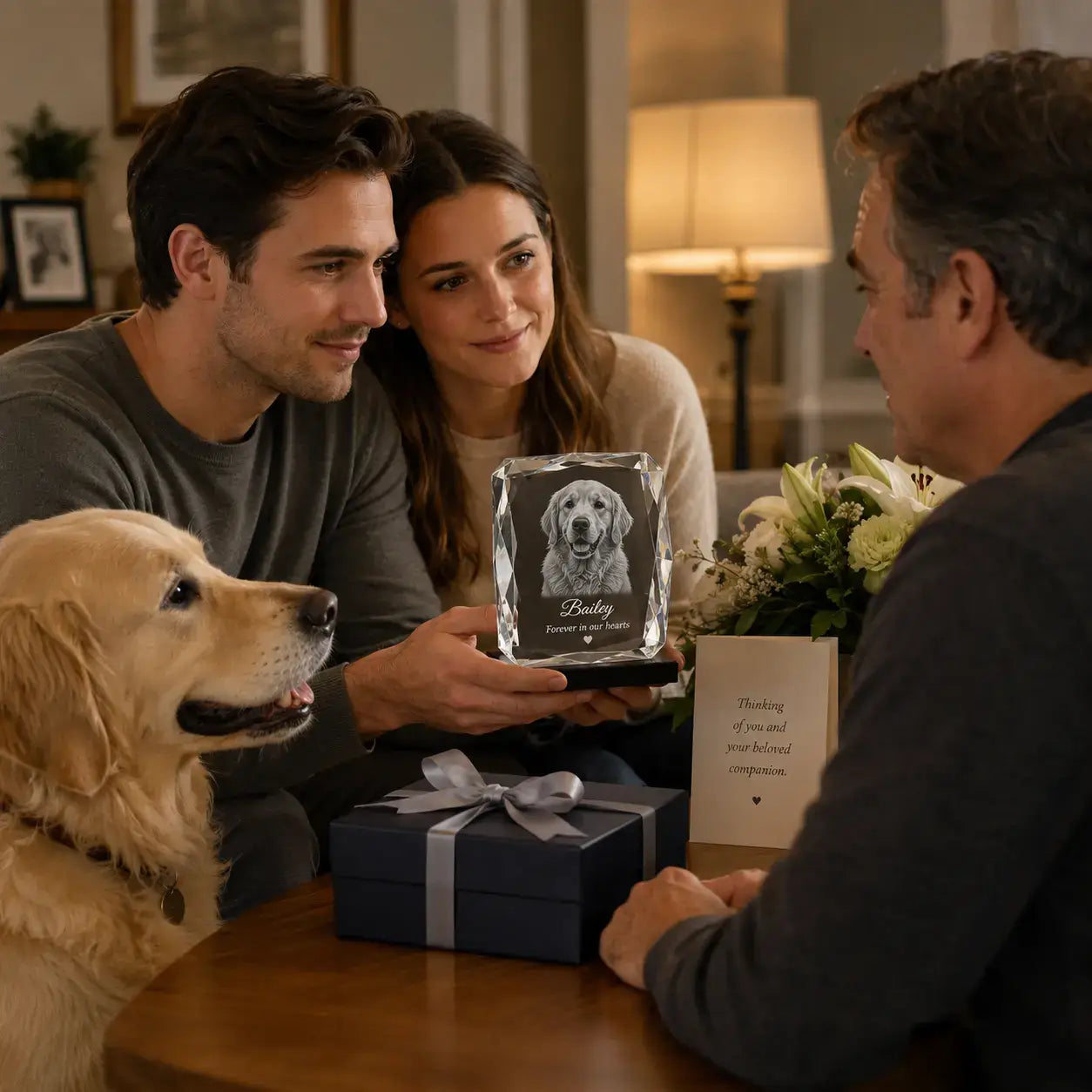 Pet sympathy gifts with a dog portrait engraved inside a 3D crystal pet photo gift, a thoughtful gift for grieving pet owners.