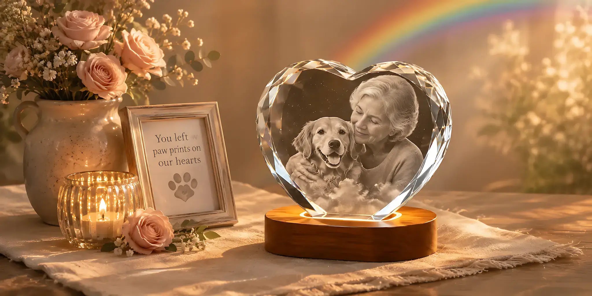 Rainbow Bridge Gifts banner featuring a personalised 3D crystal pet memorial gift with a sparkling heart crystal and beloved dog keepsake