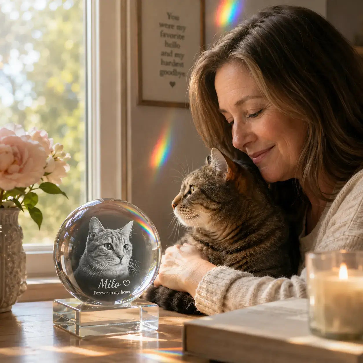 Rainbow Bridge gifts featuring a cat portrait inside a crystal ball 3D crystal pet photo gift with soft rainbow reflections.