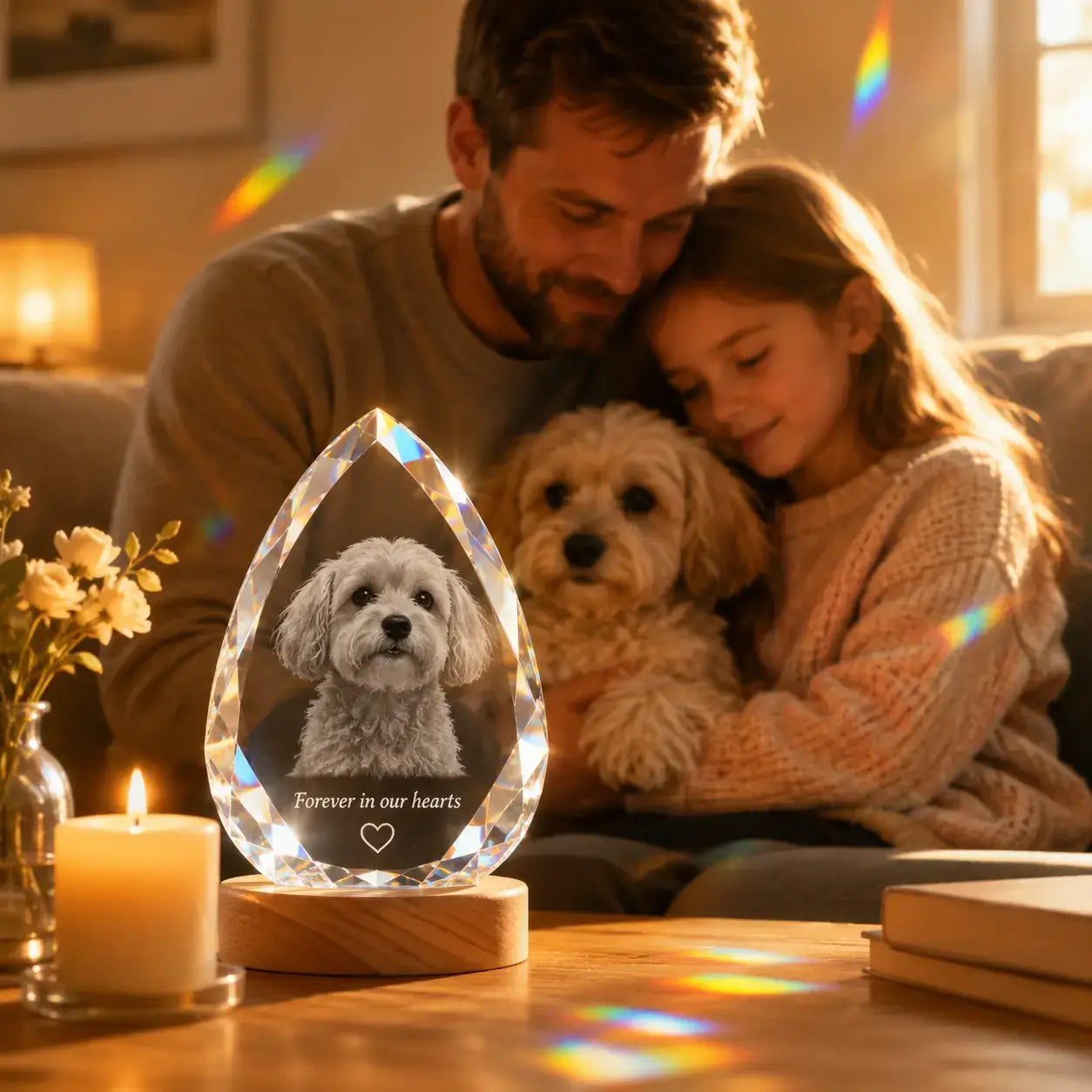 Rainbow Bridge gifts with a teardrop-style 3D crystal pet photo gift, honouring a beloved dog with warmth and hope.